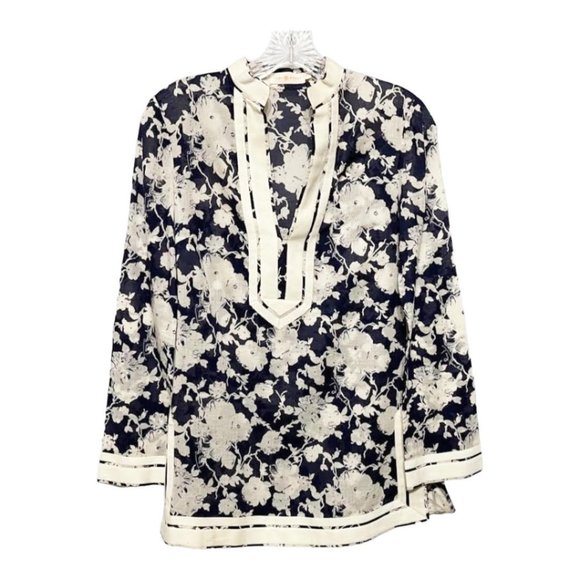 Tory Burch Size 0 Black White Floral Long Sleeve Split Neck Tunic Top - Picture 2 of 7